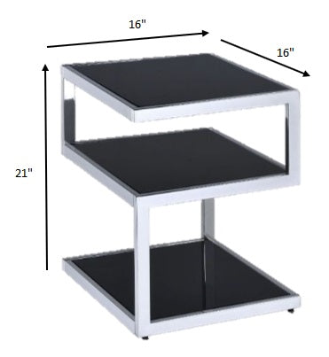 Black Glass and Chrome 3 Tier Shelves End Table showcasing a modern design with three shelves and a mirrored top.