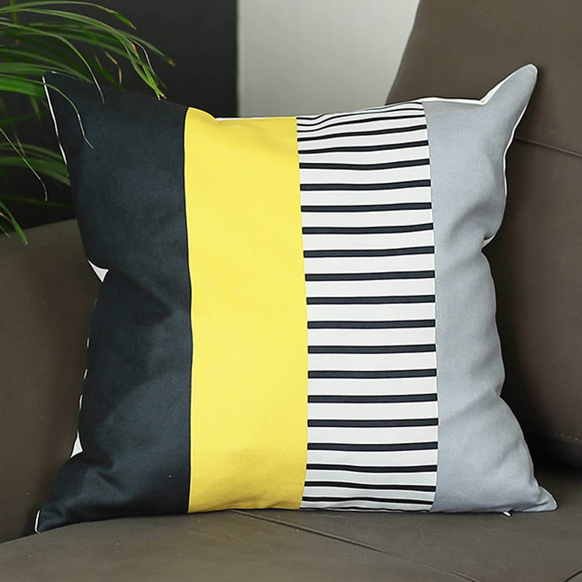 Black Gray Yellow Abstract Geo Throw Pillow Cover with vibrant colors and luxurious fabric, featuring a hidden zipper closure.