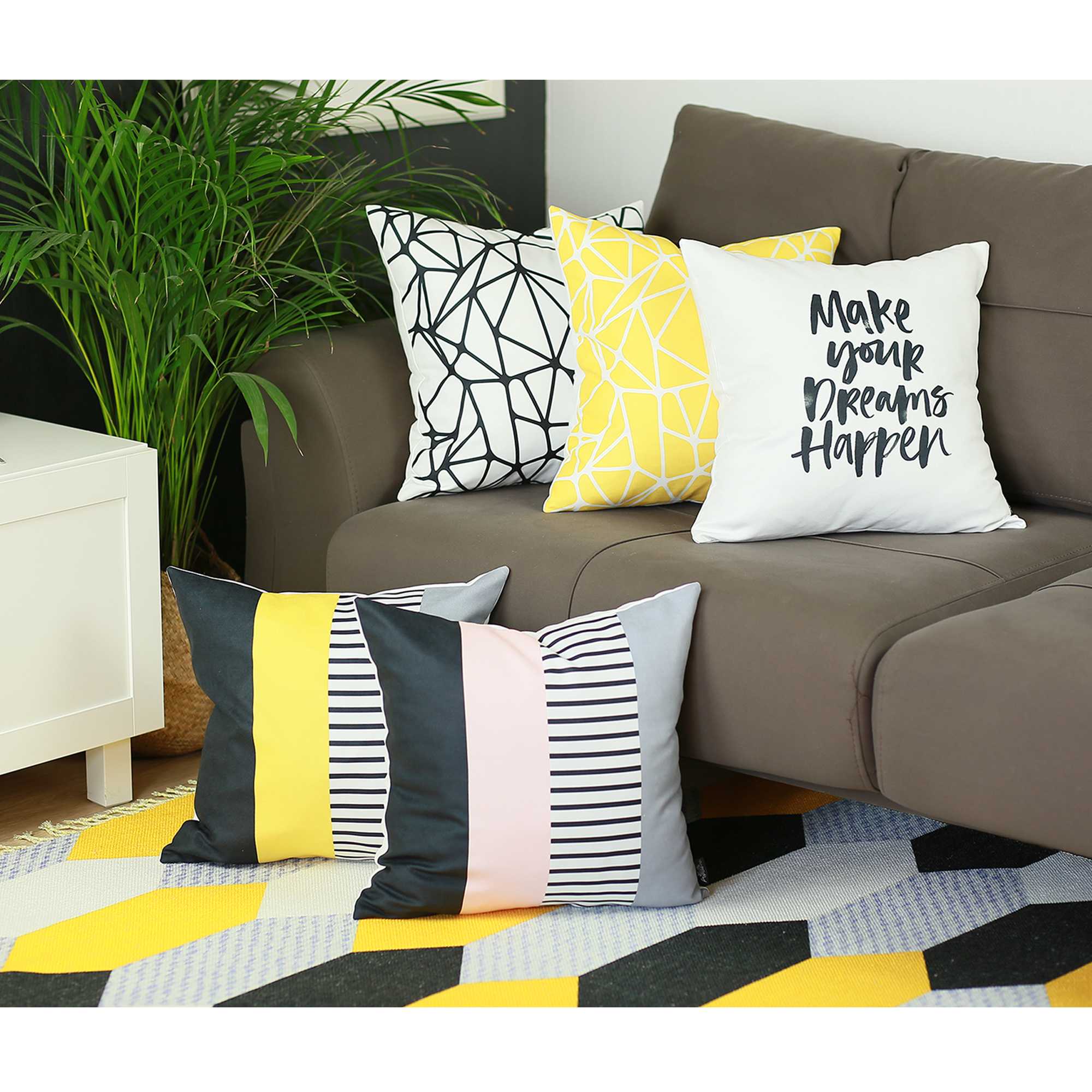 Black Gray Yellow Abstract Geo Throw Pillow Cover with vibrant colors and luxurious fabric, featuring a hidden zipper closure.