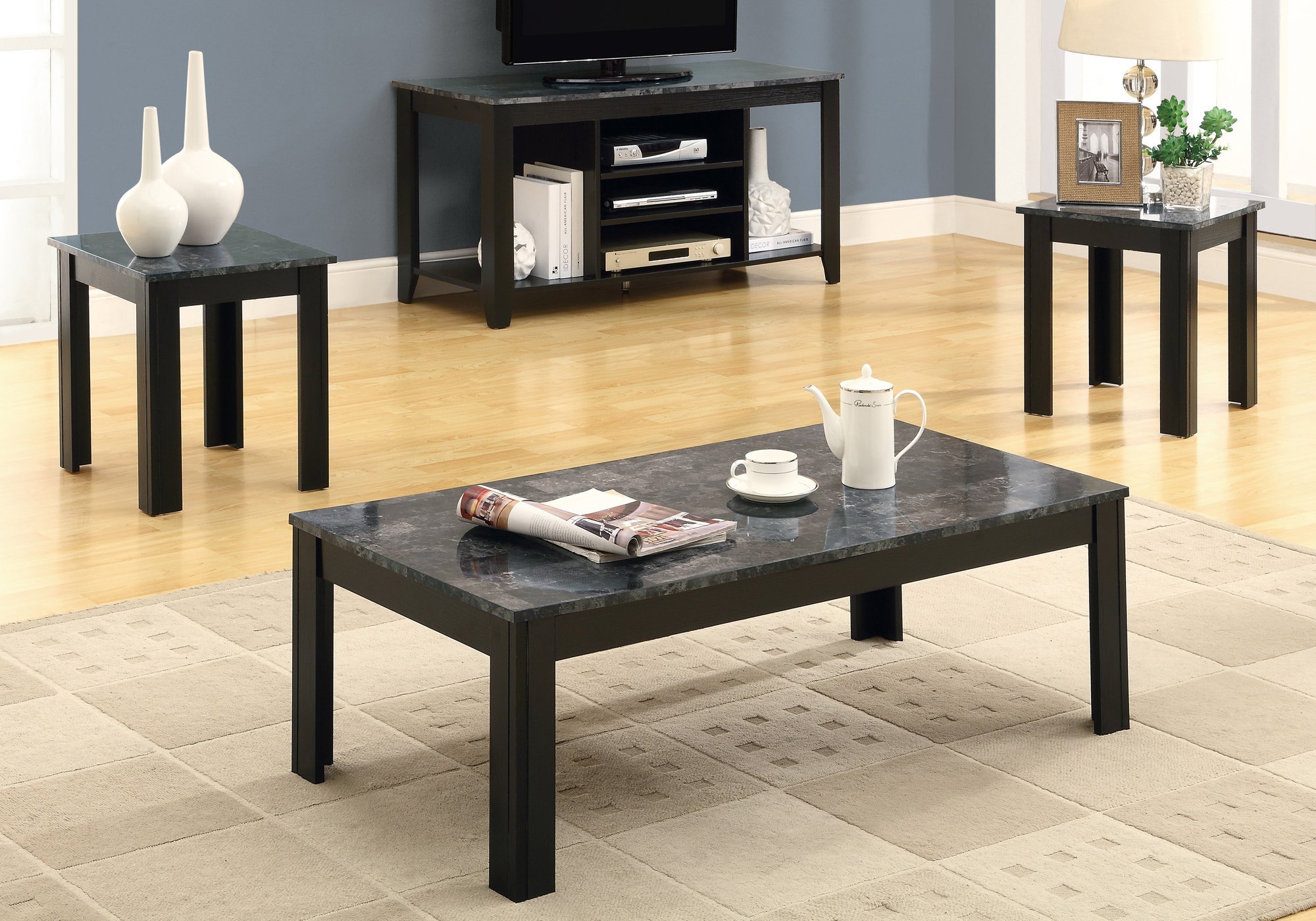 Black Grey Marble-Look Top Table Set featuring three stylish tables with a contemporary design, perfect for modern living spaces.