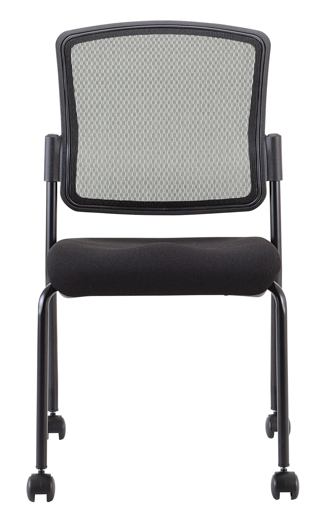 Black Mesh Fabric Rolling Guest Arm Chair with padded seat and caster wheels, designed for comfort and style in office settings.