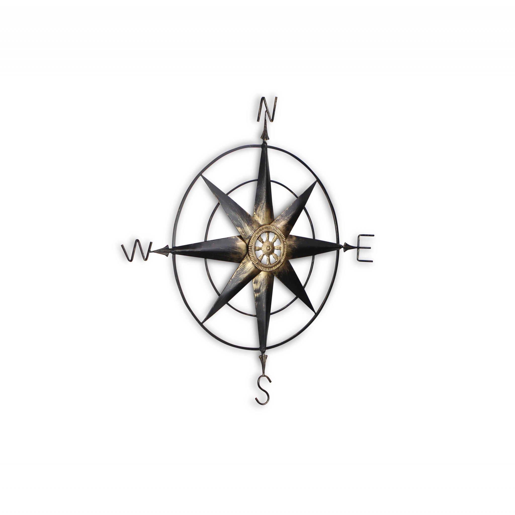 Black metal wall decor compass with gold center accents, showcasing a contemporary design and handcrafted details.