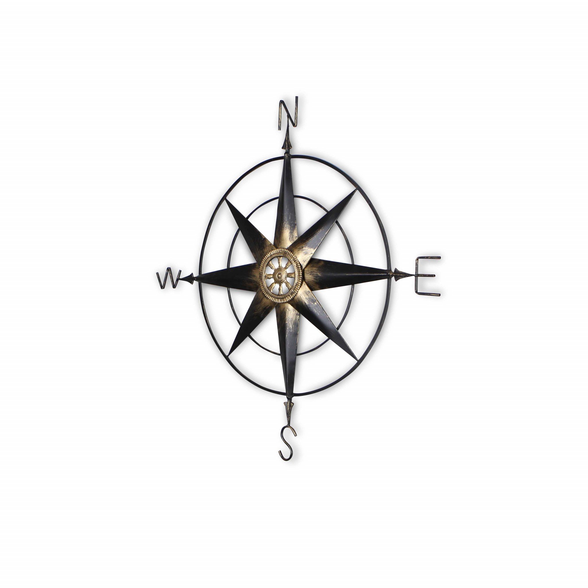 Black metal wall decor compass with gold center accents, showcasing a contemporary design and handcrafted details.