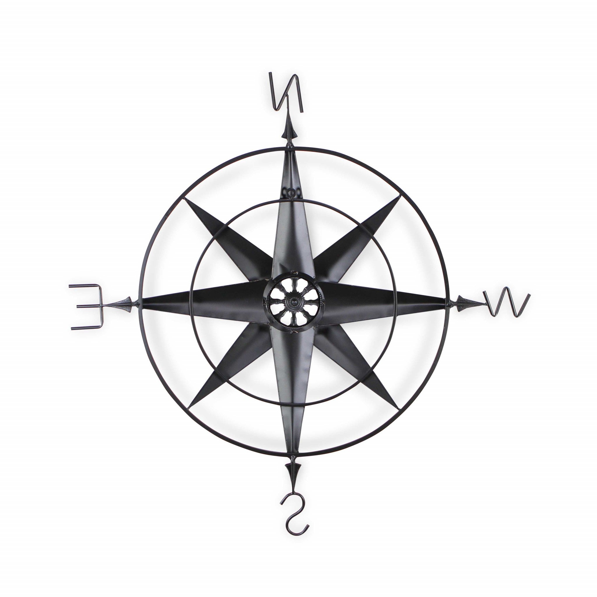 Black metal wall decor compass with gold center accents, showcasing a contemporary design and handcrafted details.