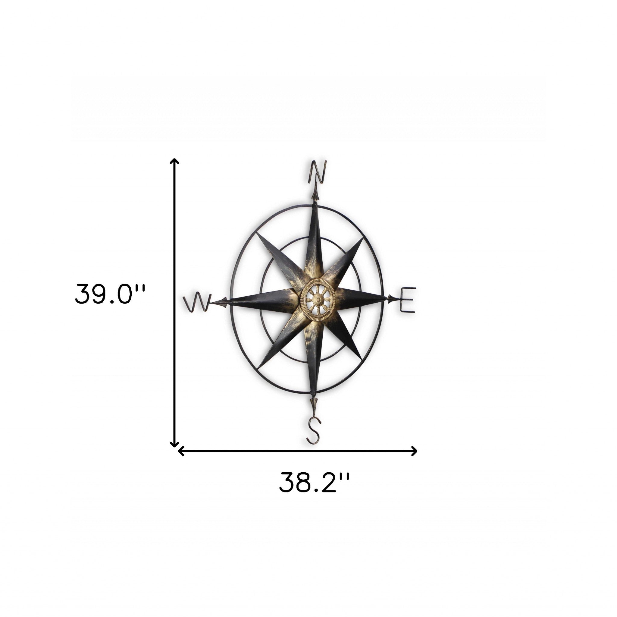 Black metal wall decor compass with gold center accents, showcasing a contemporary design and handcrafted details.