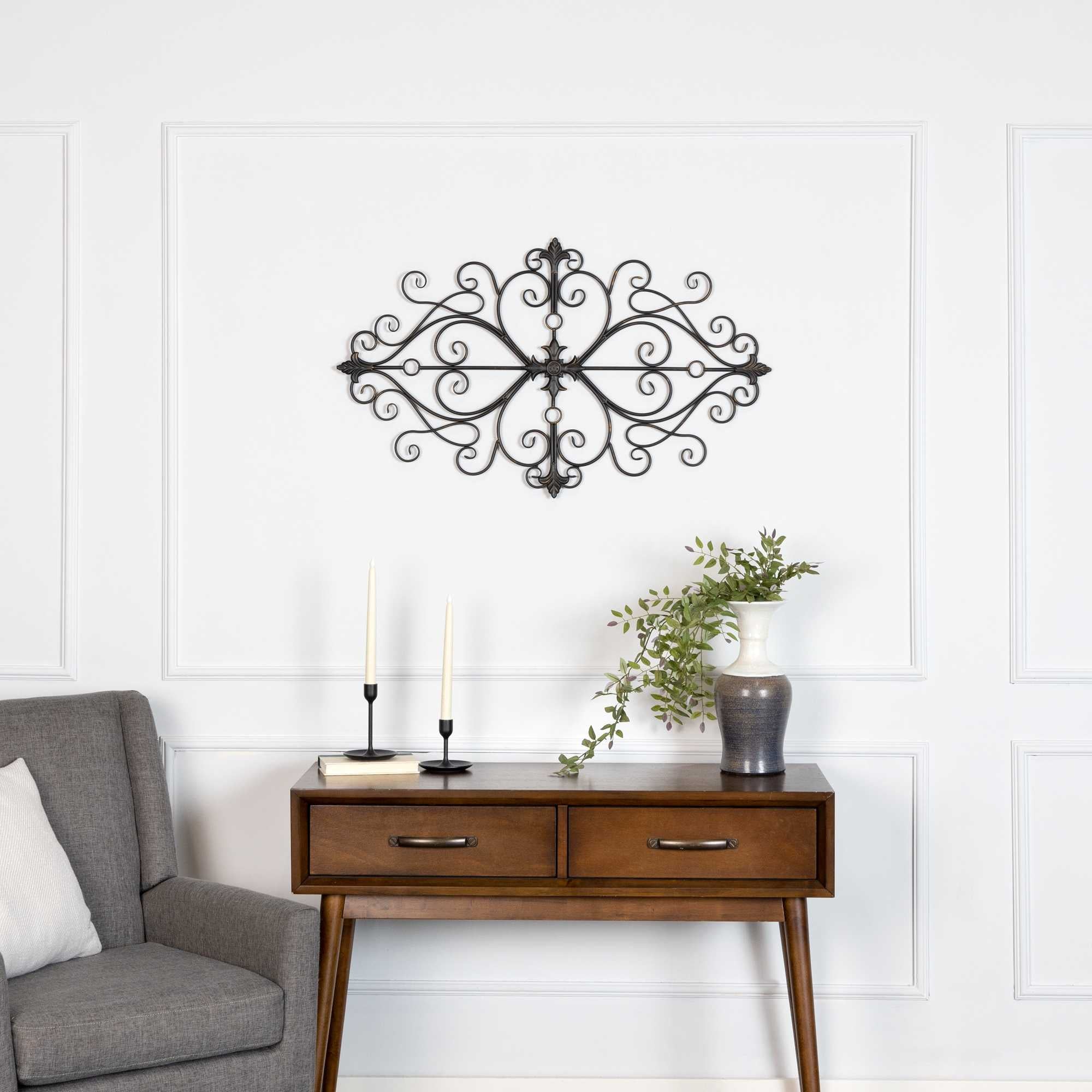 Black Traditional Metal Scroll Wall Decor featuring intricate filigree details and a bronze finish, perfect for enhancing home interiors.