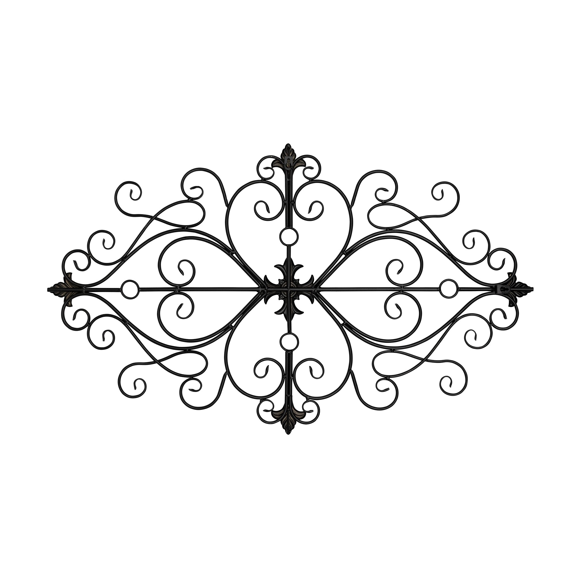 Black Traditional Metal Scroll Wall Decor featuring intricate filigree details and a bronze finish, perfect for enhancing home interiors.