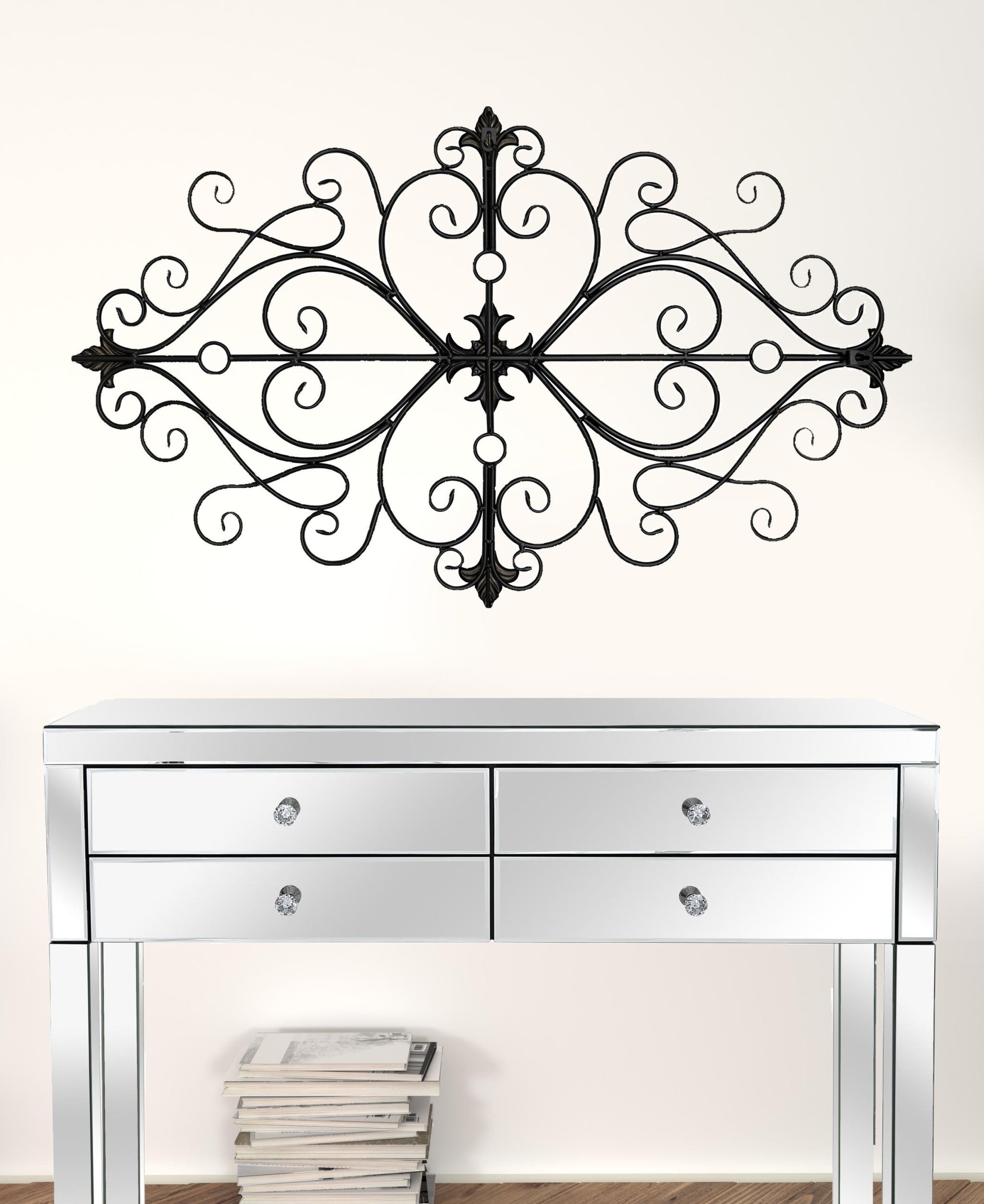 Black Traditional Metal Scroll Wall Decor featuring intricate filigree details and a bronze finish, perfect for enhancing home interiors.