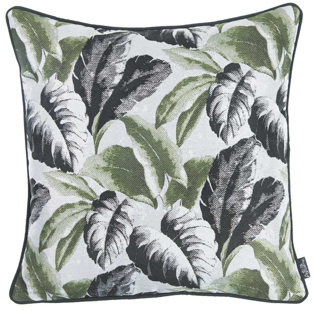 Black White and Green Tropical Leaf Throw Pillow Cover featuring a vibrant tropical leaf design with black binding and hidden zipper closure.