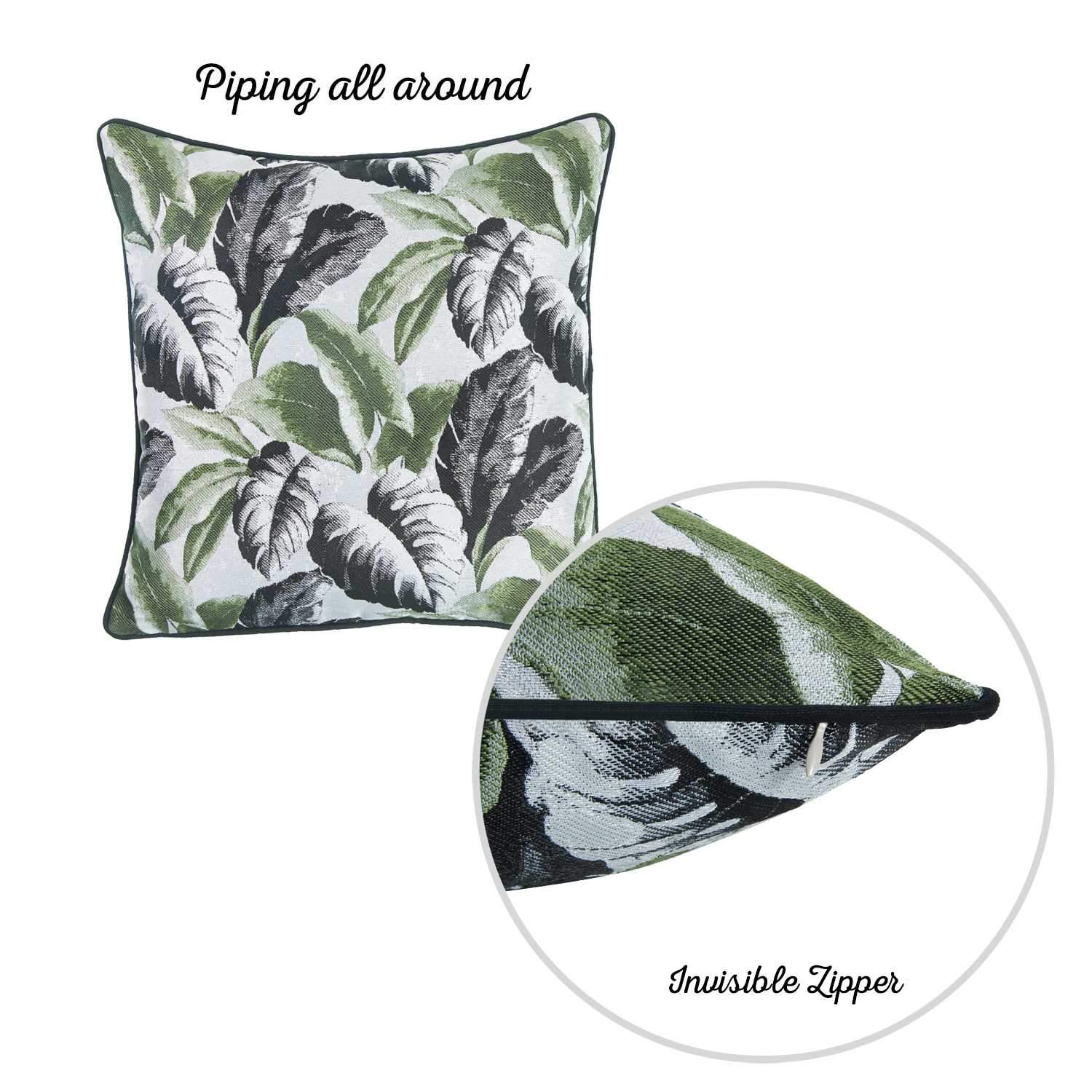 Black White and Green Tropical Leaf Throw Pillow Cover featuring a vibrant tropical leaf design with black binding and hidden zipper closure.