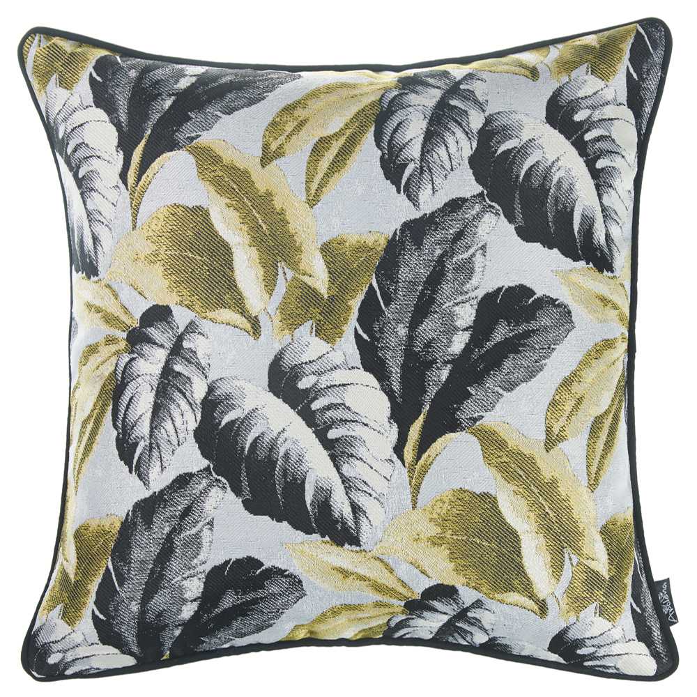 Black White Celadon Tropical Leaf Decorative Throw Pillow Cover featuring a vibrant tropical leaf design with celadon green binding.