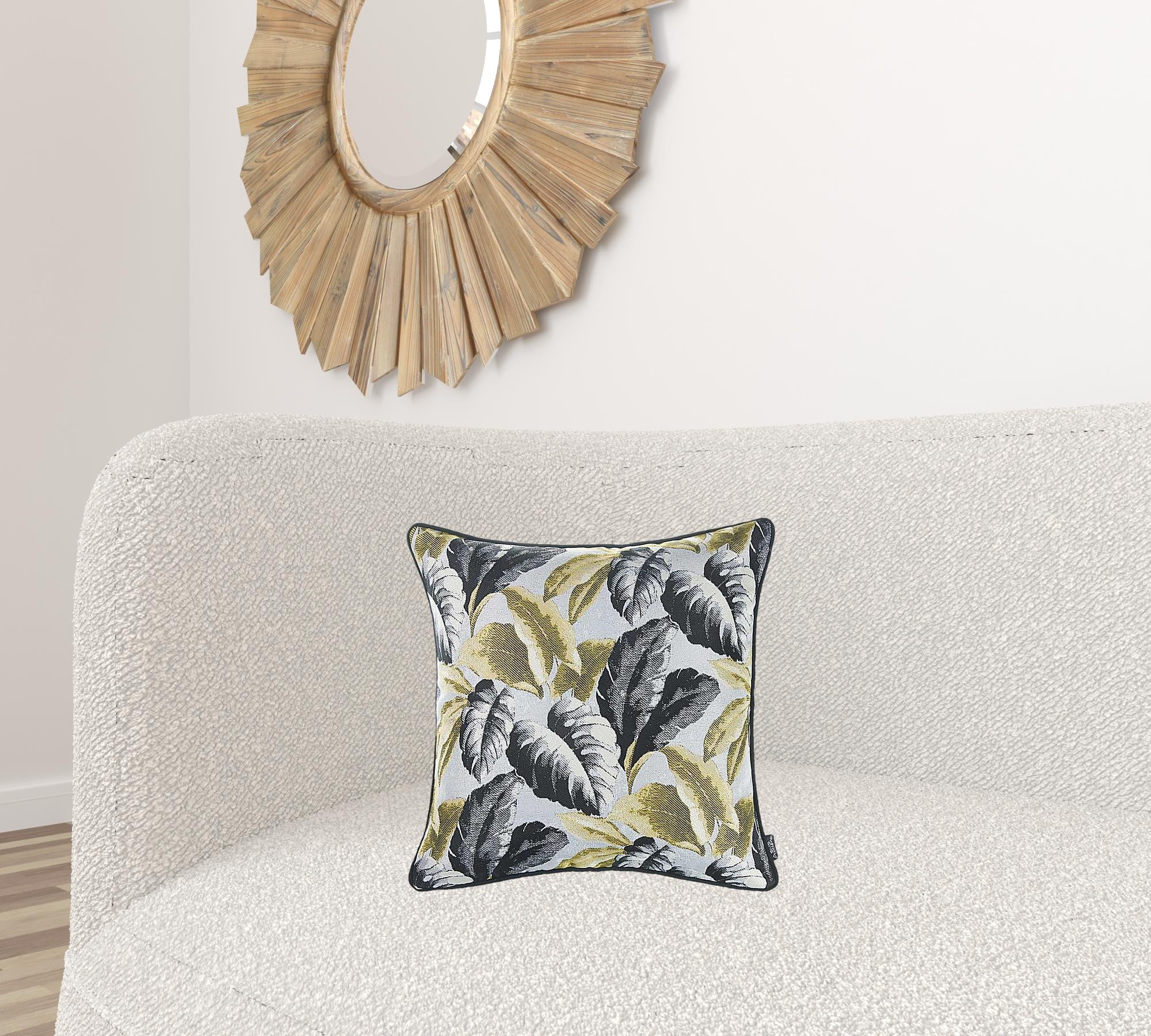 Black White Celadon Tropical Leaf Decorative Throw Pillow Cover featuring a vibrant tropical leaf design with celadon green binding.