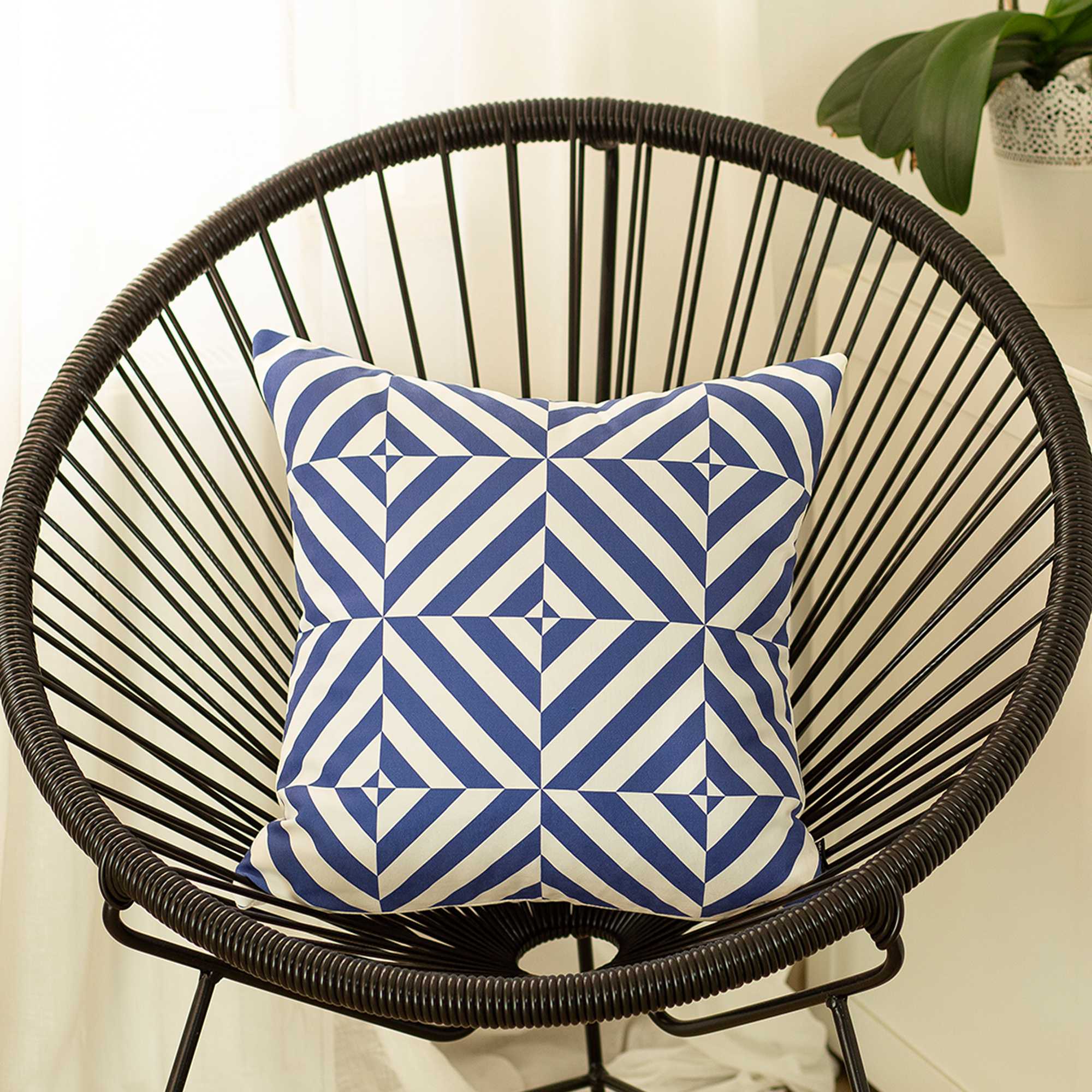 Blue and white decorative throw pillow cover featuring geometric squares design, soft brushed polyester material, and hidden zipper closure.