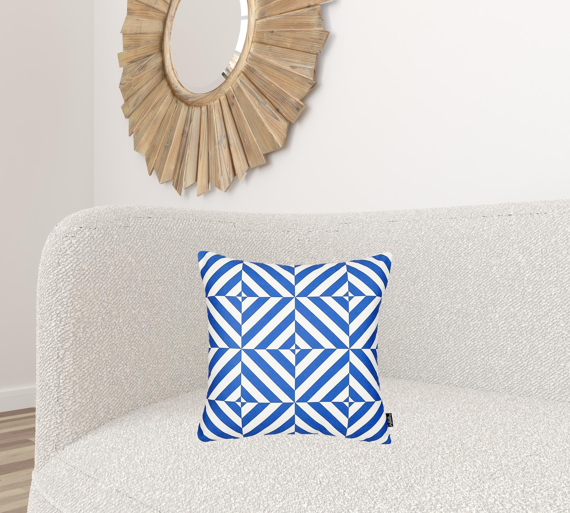 Blue and white decorative throw pillow cover featuring geometric squares design, soft brushed polyester material, and hidden zipper closure.