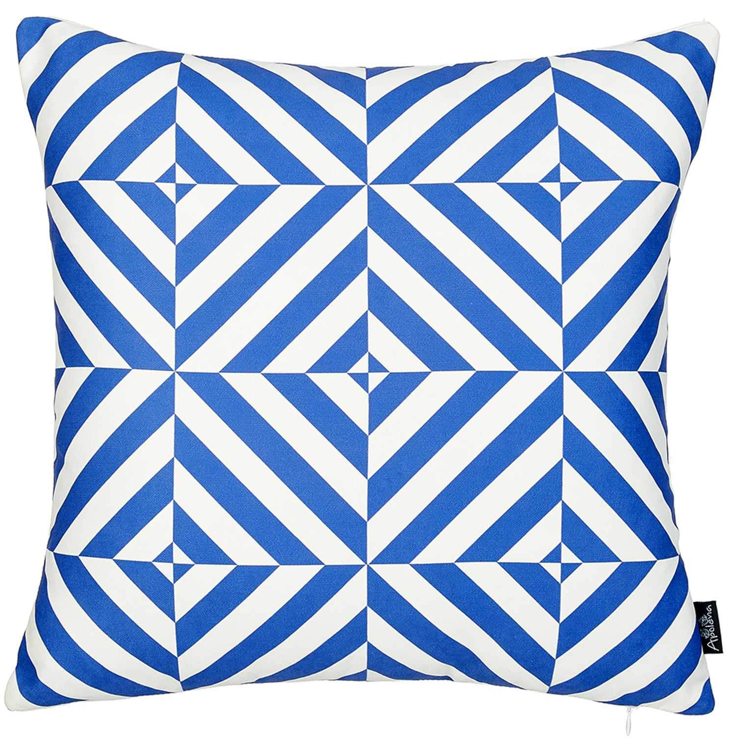 Blue and white decorative throw pillow cover featuring geometric squares design, soft brushed polyester material, and hidden zipper closure.