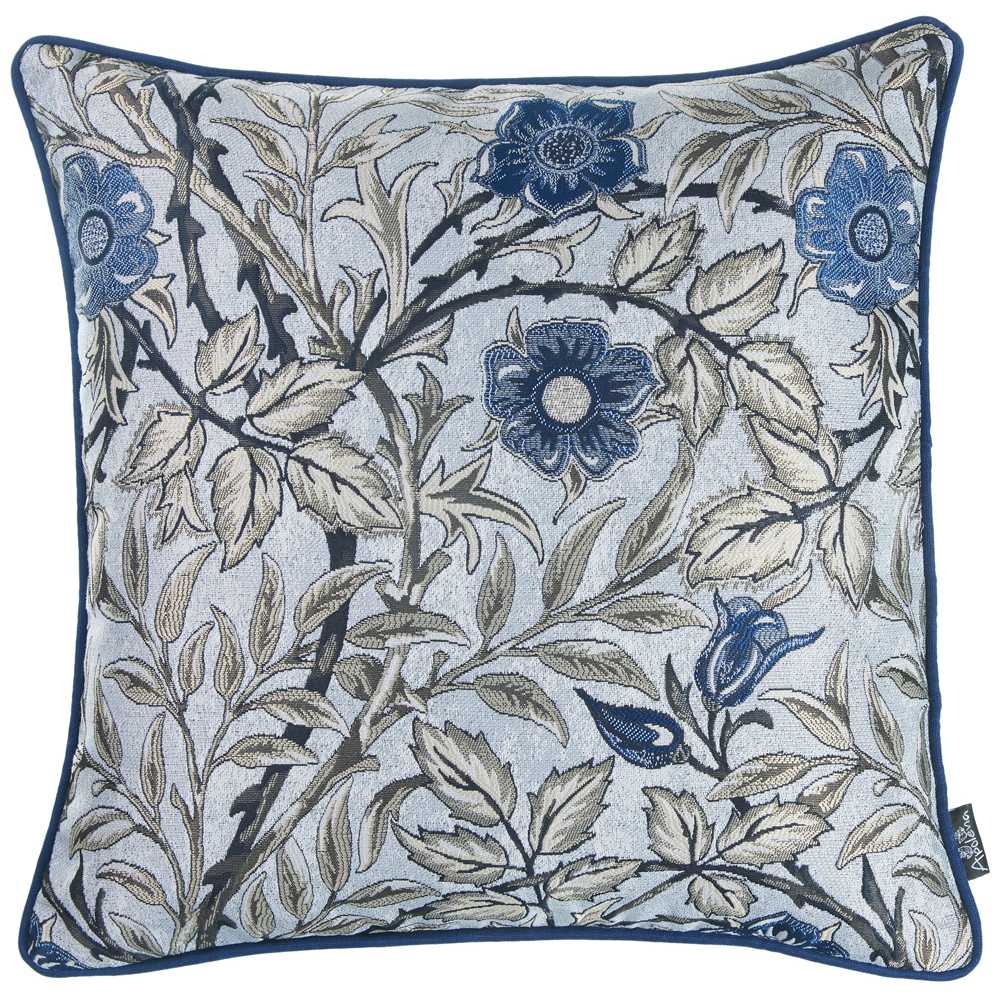 Blue jacquard leaf decorative throw pillow cover featuring a luxurious leaf pattern in blue and beige, with a hidden zipper closure.