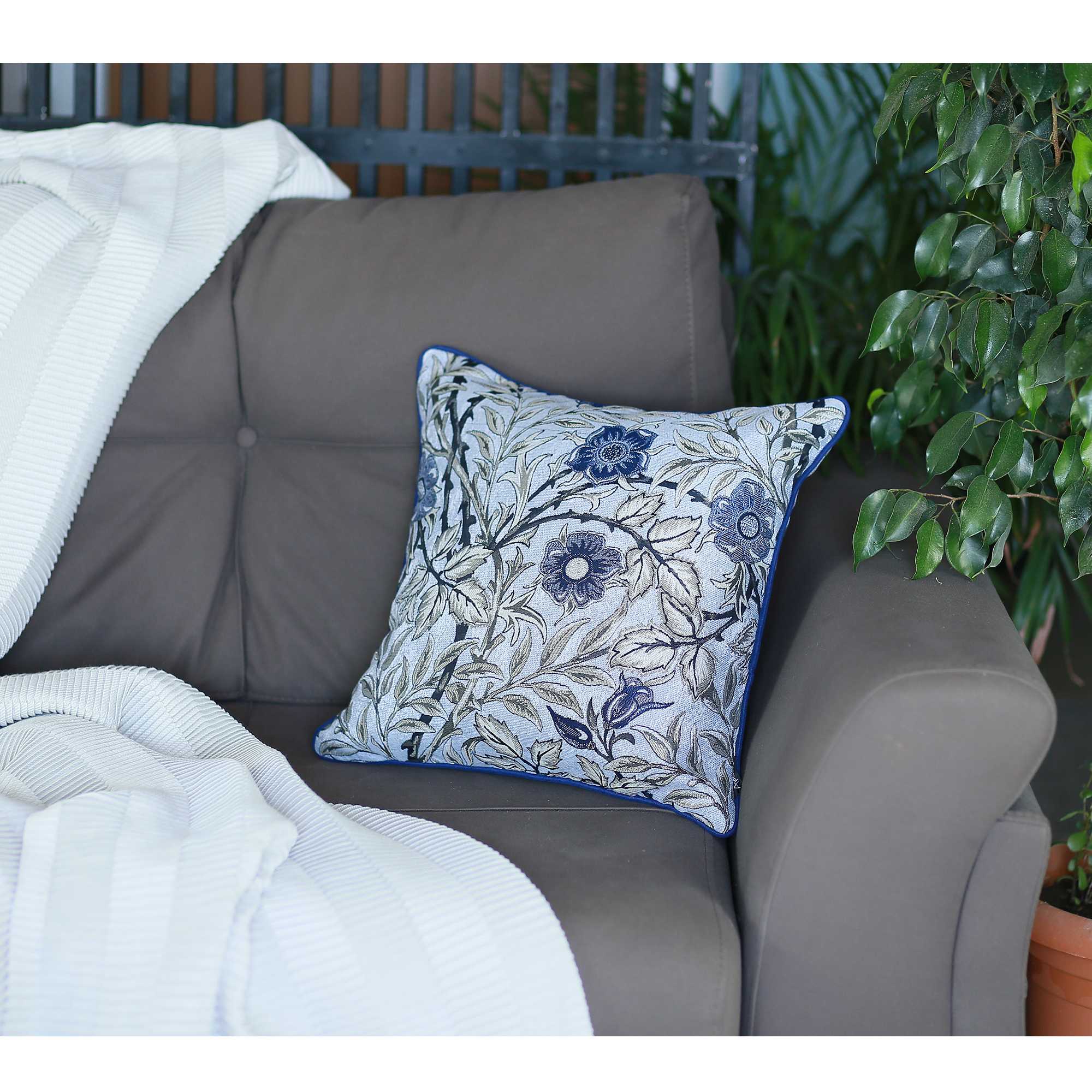 Blue jacquard leaf decorative throw pillow cover featuring a luxurious leaf pattern in blue and beige, with a hidden zipper closure.