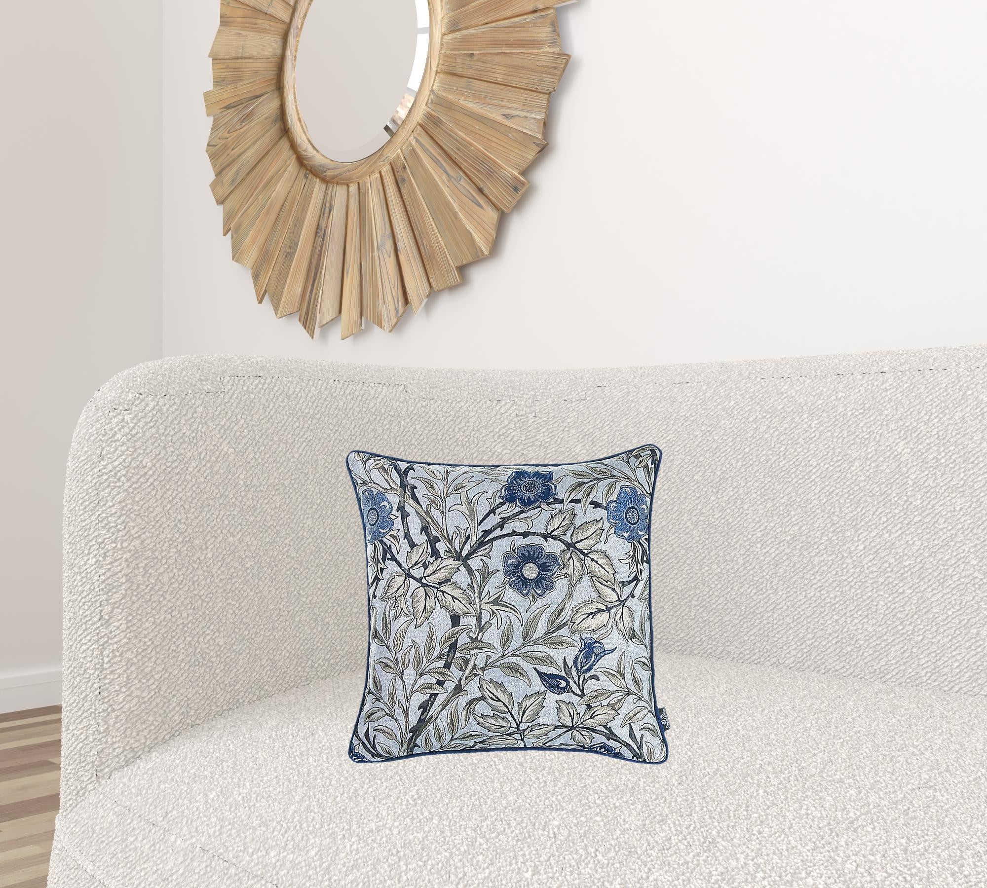 Blue jacquard leaf decorative throw pillow cover featuring a luxurious leaf pattern in blue and beige, with a hidden zipper closure.