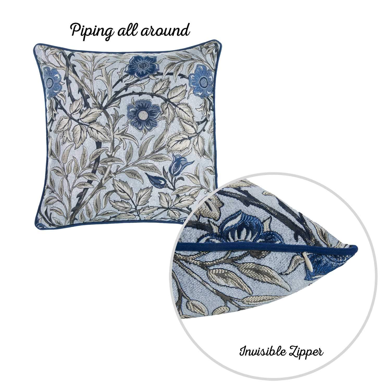 Blue jacquard leaf decorative throw pillow cover featuring a luxurious leaf pattern in blue and beige, with a hidden zipper closure.