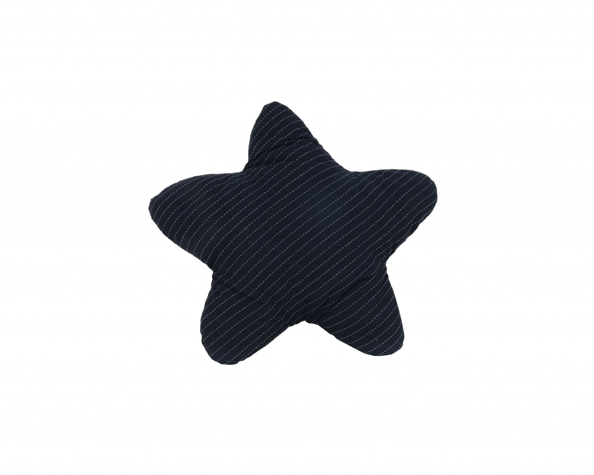 Blue star-shaped pillow with white accents, measuring 12x12 inches, perfect for home decor.