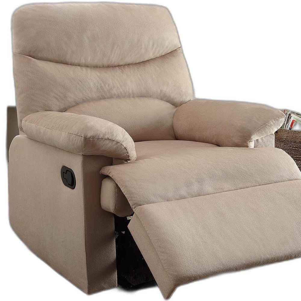 Blue woven fabric upholstered recliner with a smooth seat cushion and external reclining handle, showcasing its stylish design and comfort.