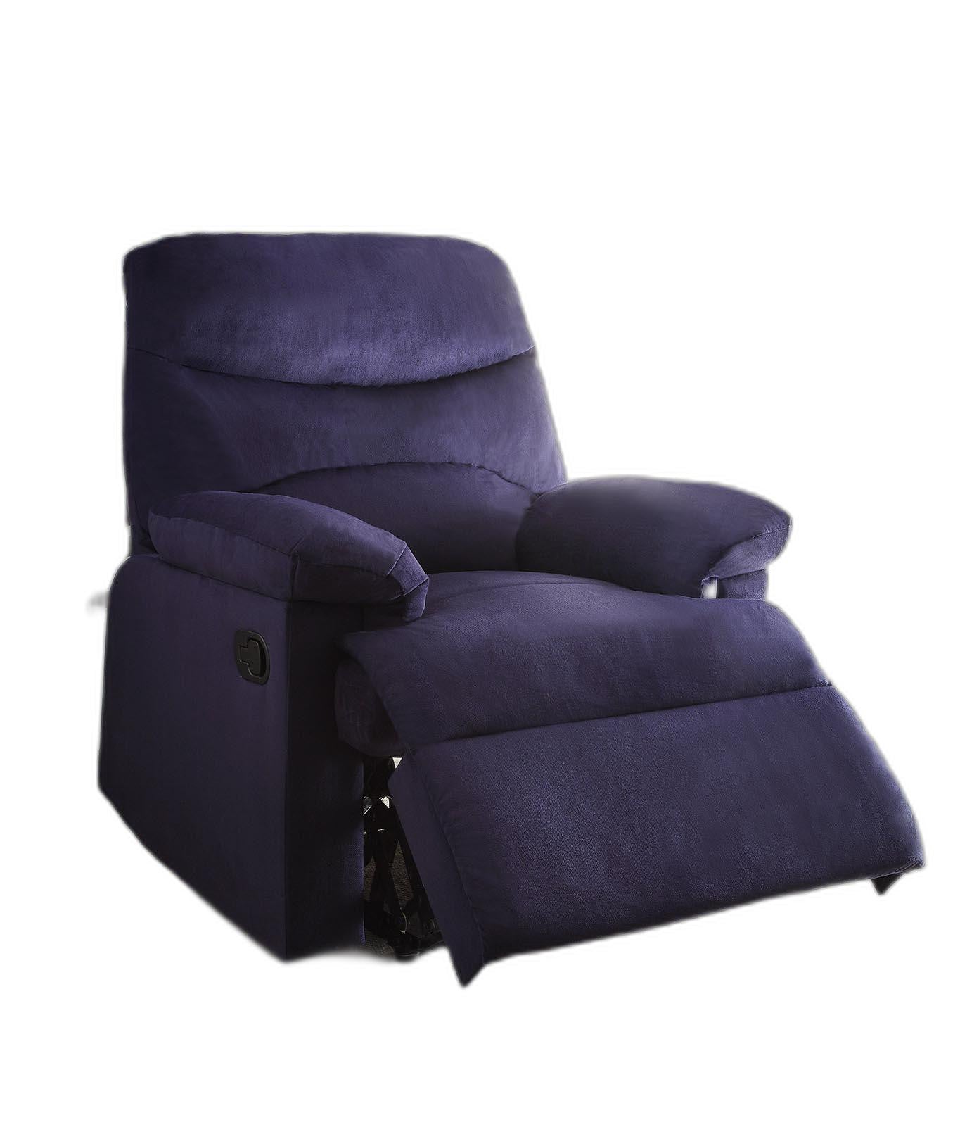 Blue woven fabric upholstered recliner with a smooth seat cushion and external reclining handle, showcasing its stylish design and comfort.