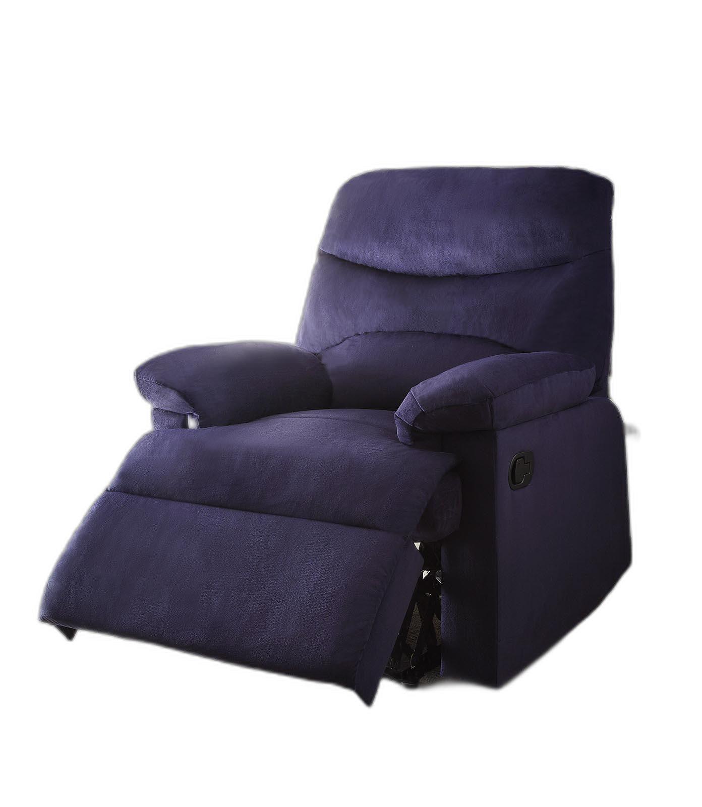 Blue woven fabric upholstered recliner with a smooth seat cushion and external reclining handle, showcasing its stylish design and comfort.