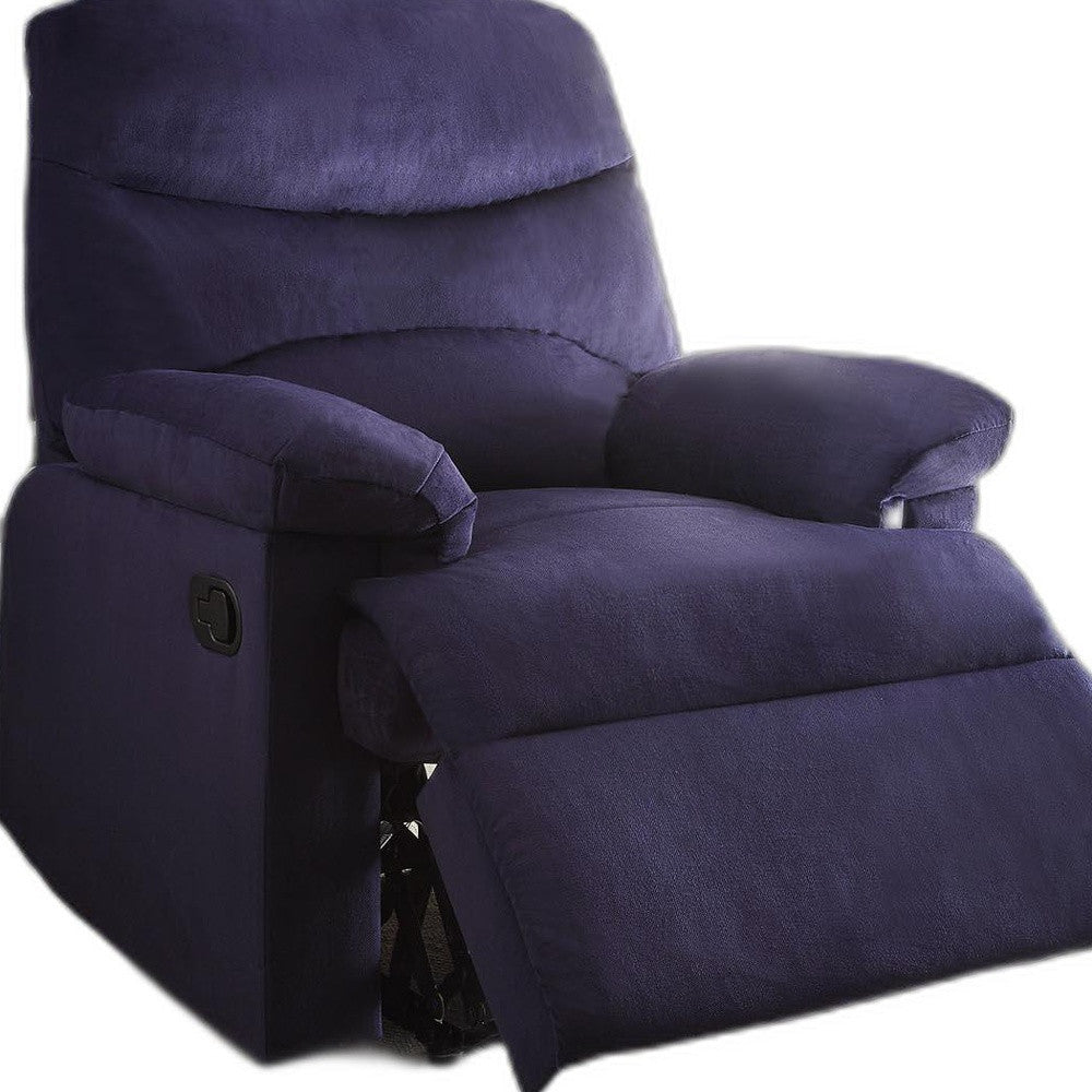 Blue woven fabric upholstered recliner with a smooth seat cushion and external reclining handle, showcasing its stylish design and comfort.