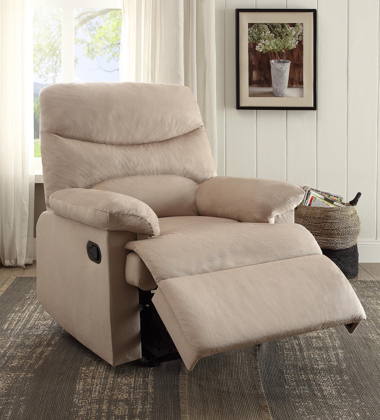 Blue woven fabric upholstered recliner with a smooth seat cushion and external reclining handle, showcasing its stylish design and comfort.