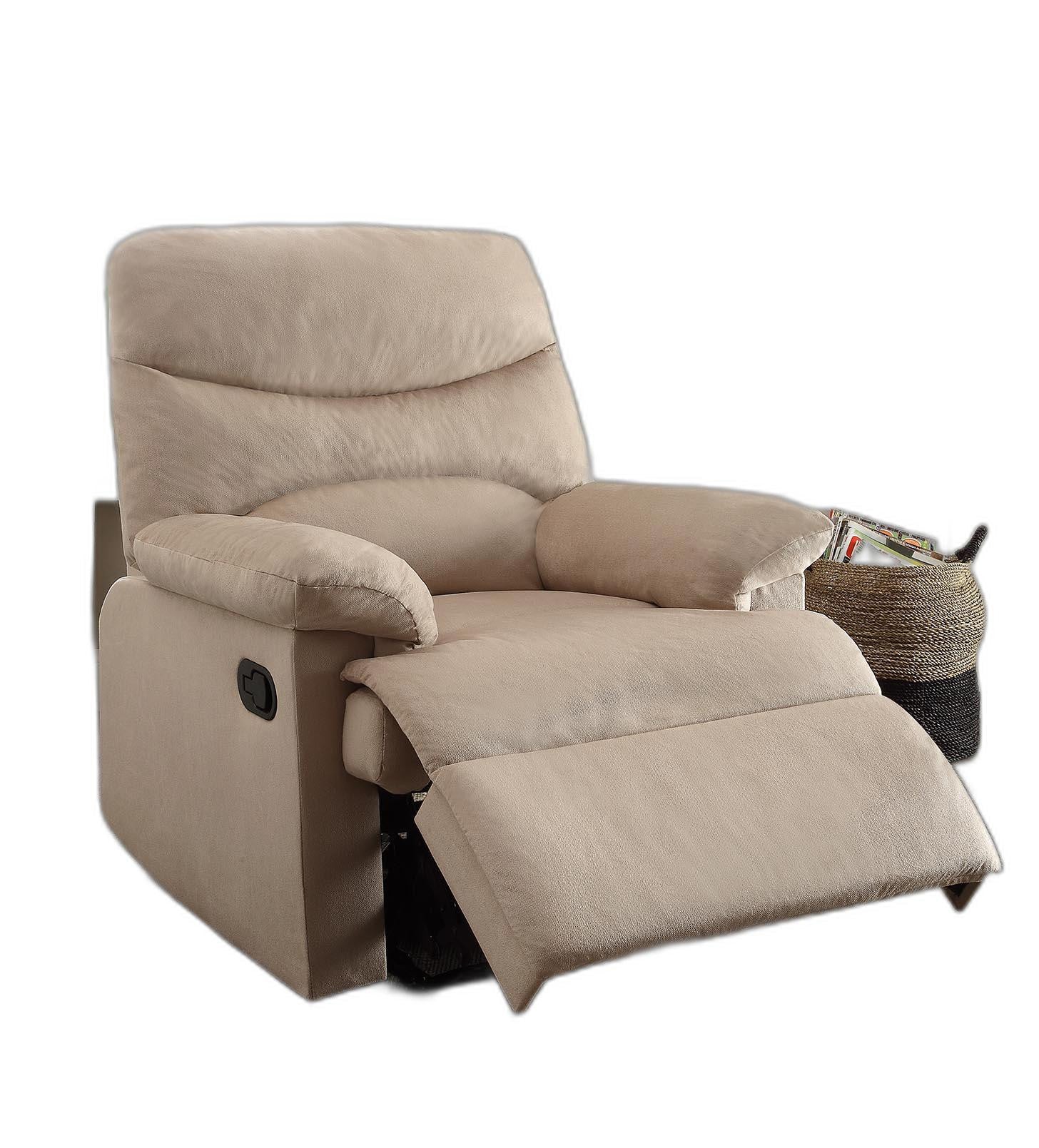 Blue woven fabric upholstered recliner with a smooth seat cushion and external reclining handle, showcasing its stylish design and comfort.