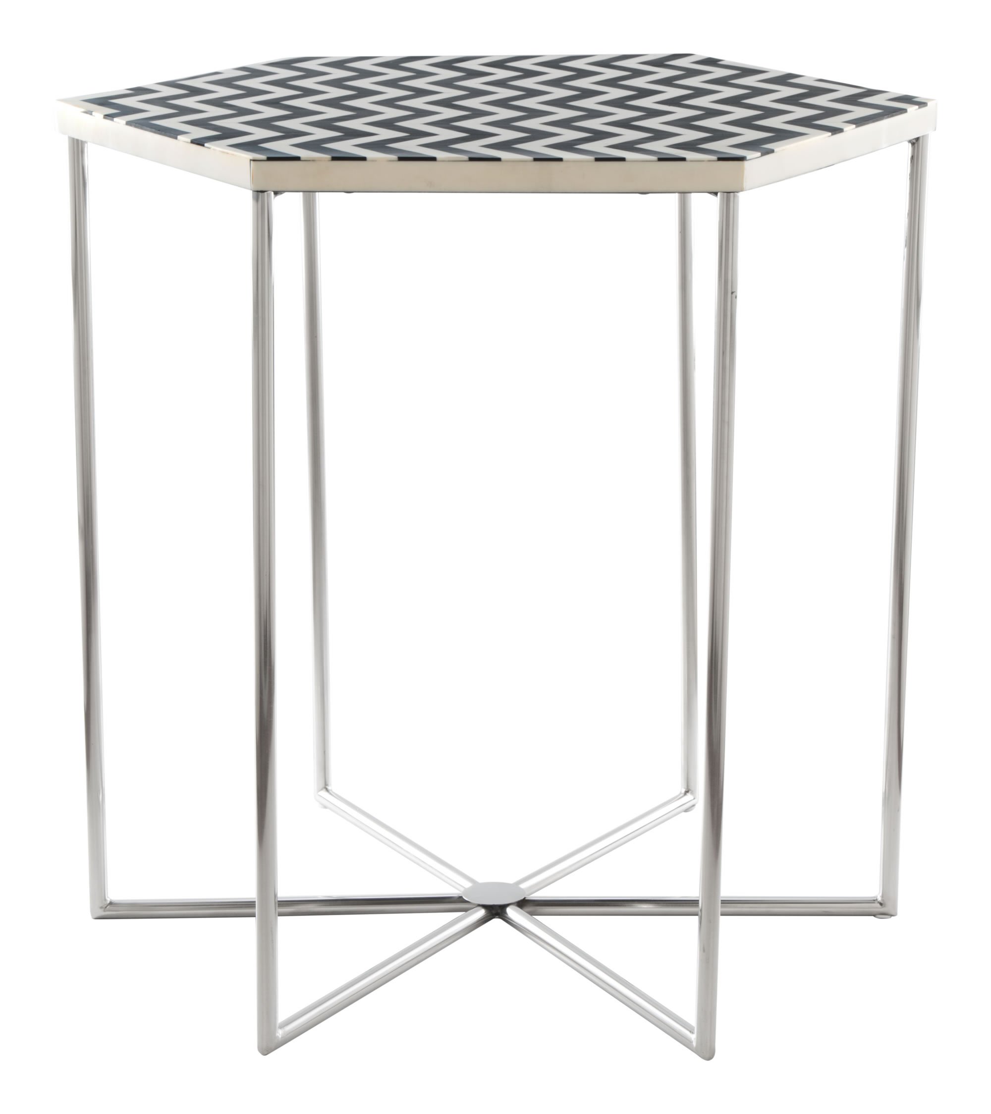 Bold Black and White Hexagonal Side End Table with resin top and stainless steel legs, showcasing a modern design.