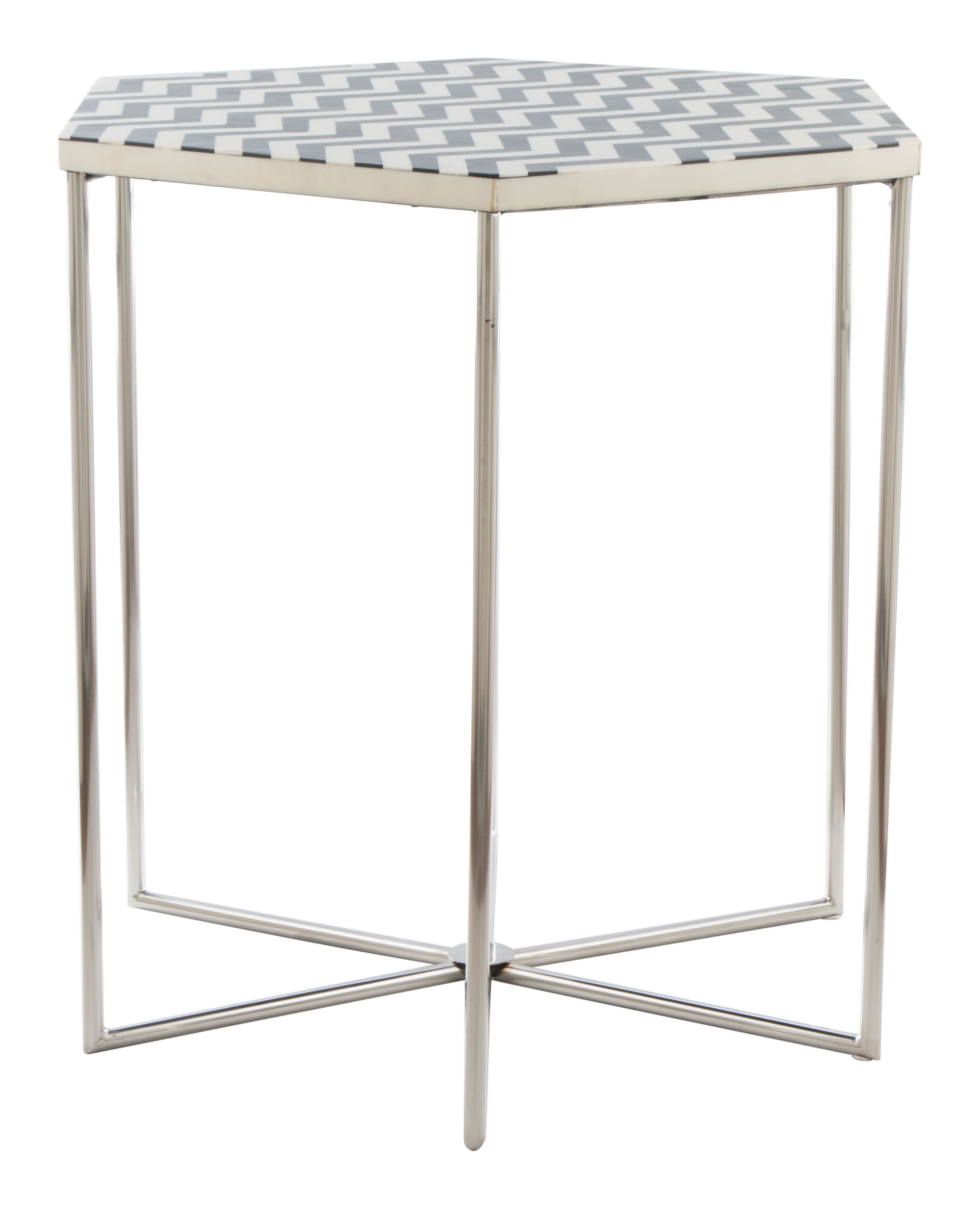 Bold Black and White Hexagonal Side End Table with resin top and stainless steel legs, showcasing a modern design.