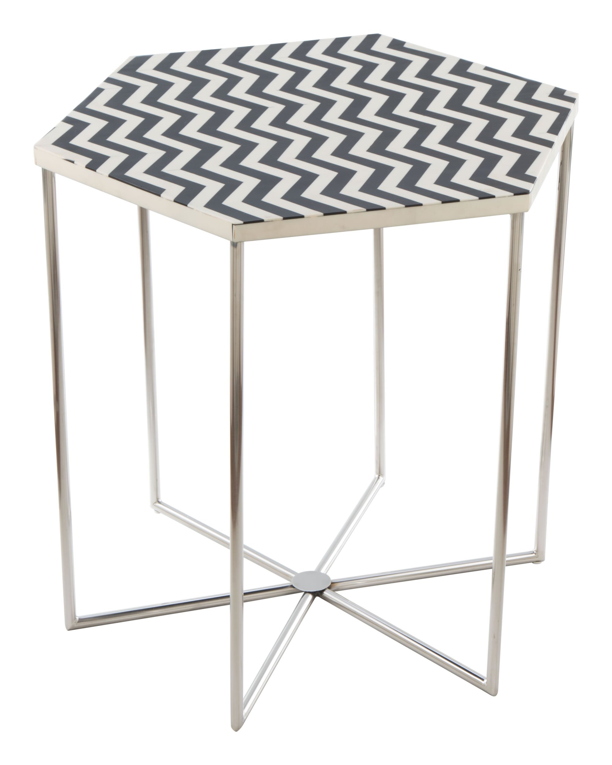 Bold Black and White Hexagonal Side End Table with resin top and stainless steel legs, showcasing a modern design.