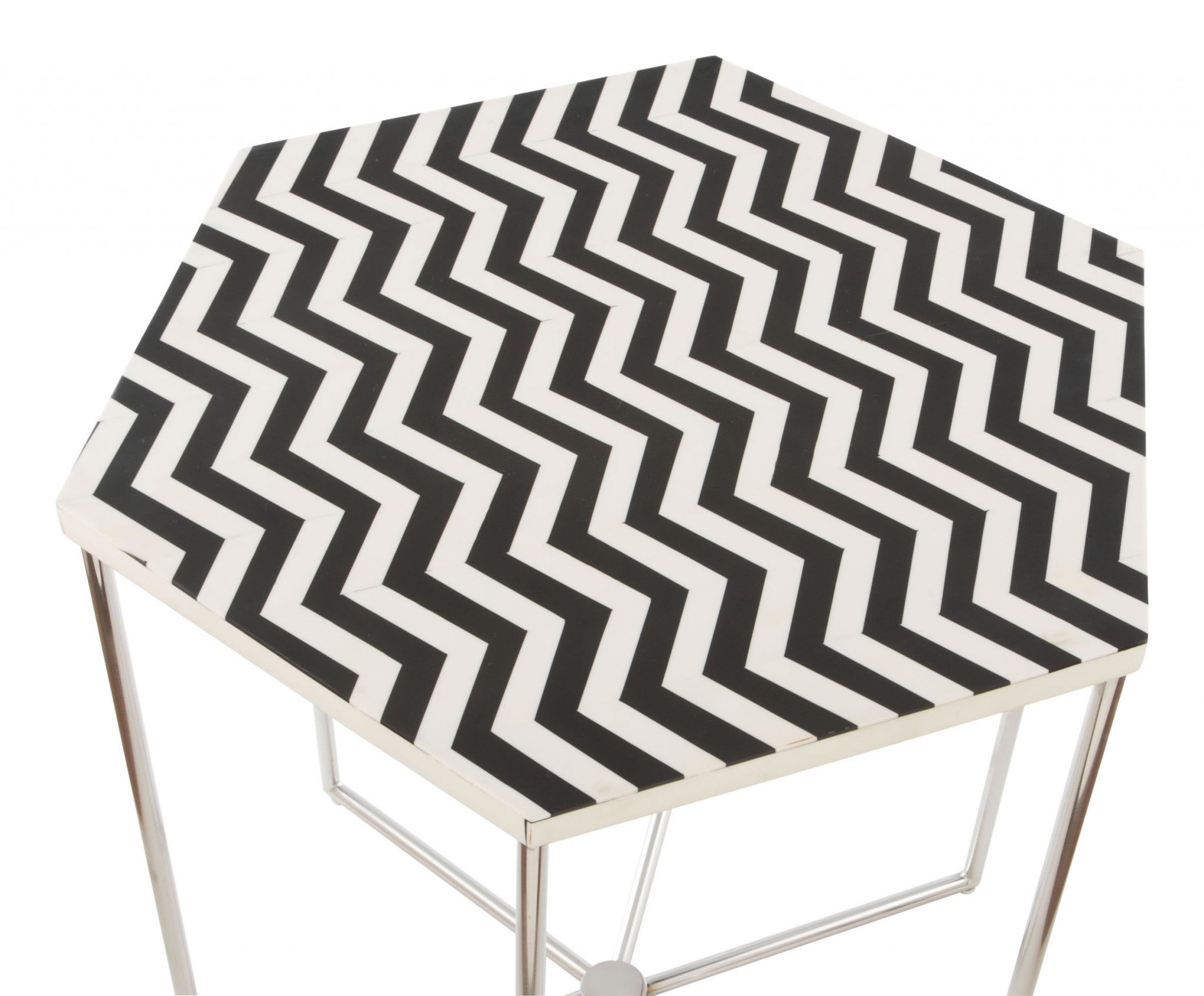 Bold Black and White Hexagonal Side End Table with resin top and stainless steel legs, showcasing a modern design.