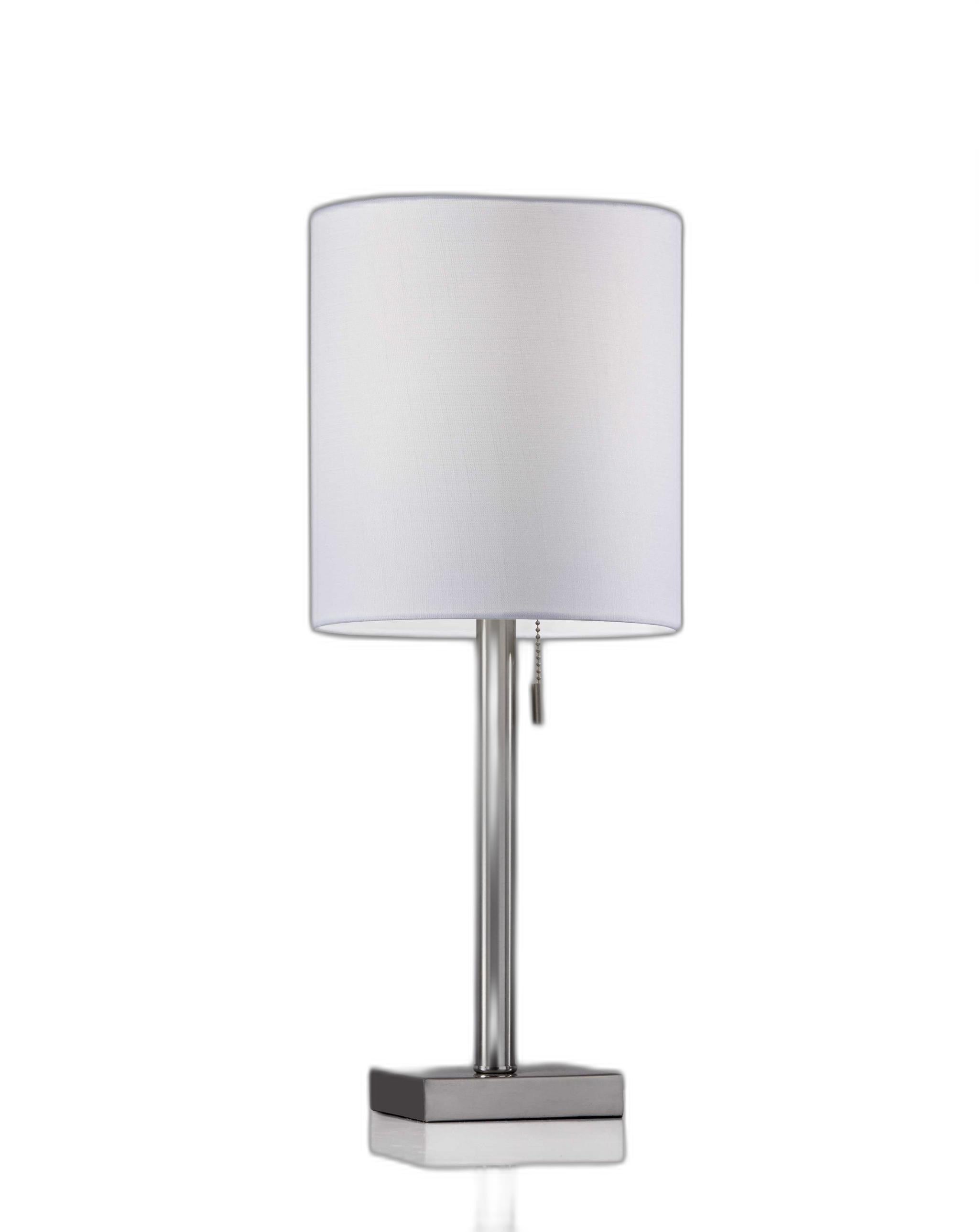 Elegant brass metal table lamp with a light beige fabric shade and a compact square base, perfect for modern decor.