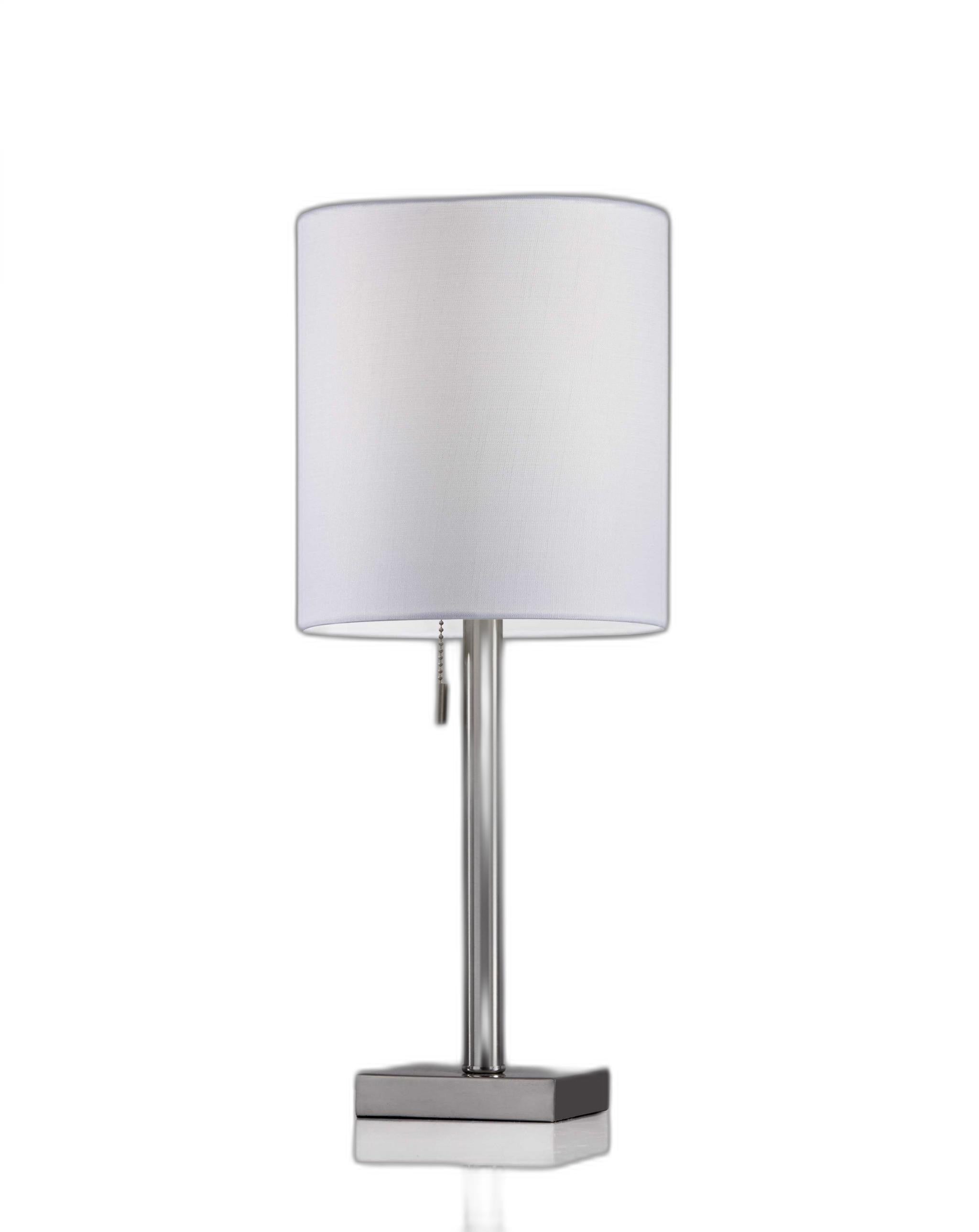 Elegant brass metal table lamp with a light beige fabric shade and a compact square base, perfect for modern decor.