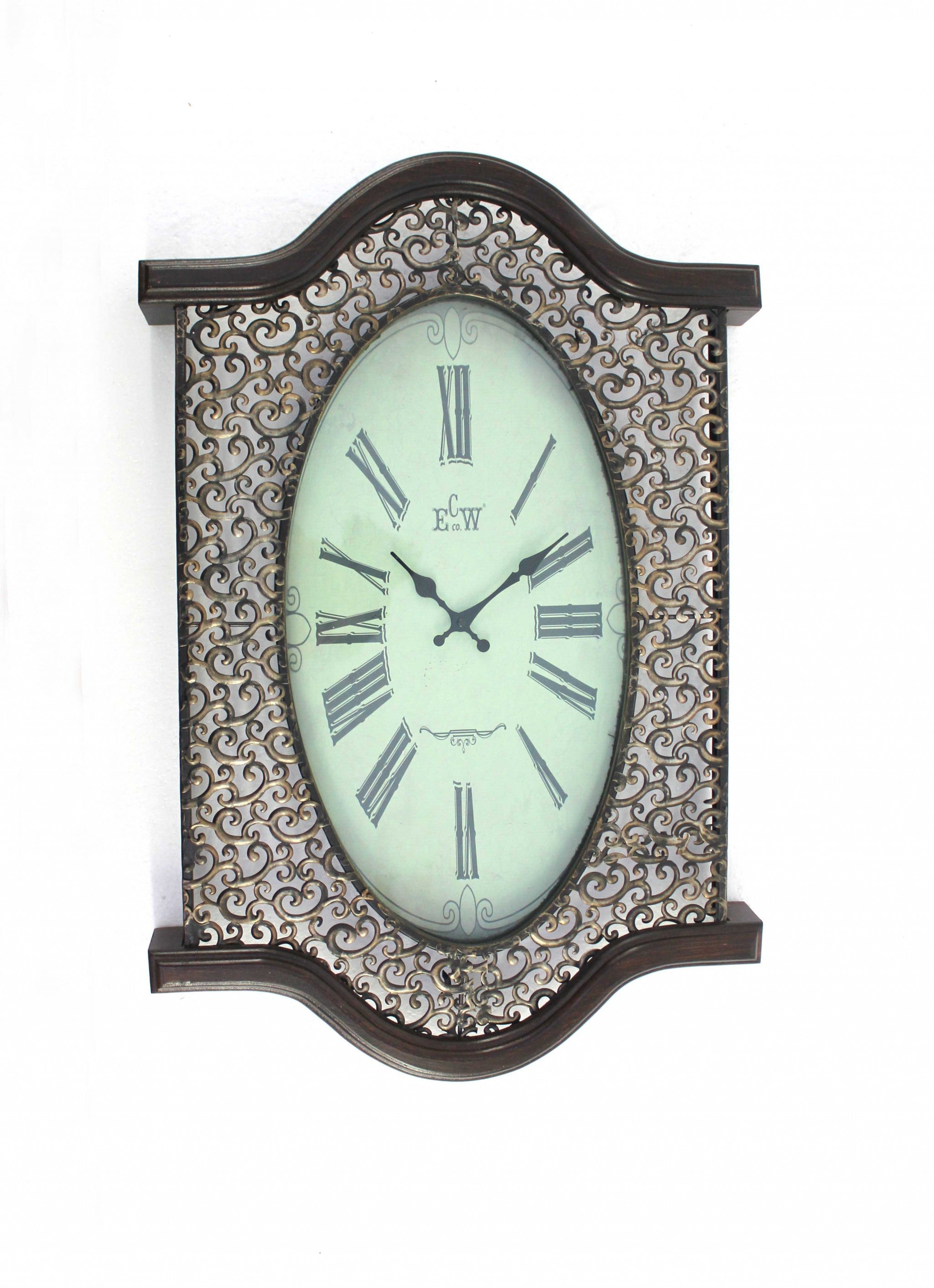 Bronze Finish Wooden Vintage Wall Clock with Roman numerals and scrolling metalwork design, showcasing elegant hour and minute hands.