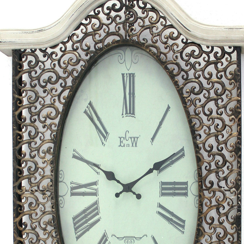 Bronze Finish Wooden Vintage Wall Clock with Roman numerals and scrolling metalwork design, showcasing elegant hour and minute hands.