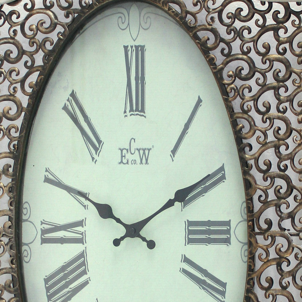 Bronze Finish Wooden Vintage Wall Clock with Roman numerals and scrolling metalwork design, showcasing elegant hour and minute hands.