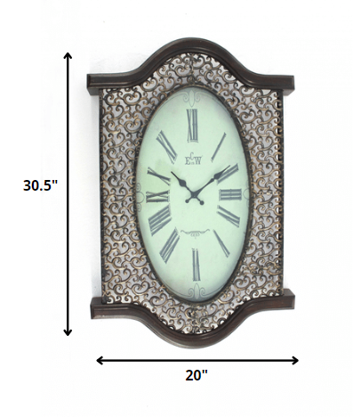 Bronze Finish Wooden Vintage Wall Clock with Roman numerals and scrolling metalwork design, showcasing elegant hour and minute hands.