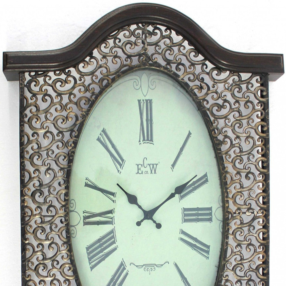 Bronze Finish Wooden Vintage Wall Clock with Roman numerals and scrolling metalwork design, showcasing elegant hour and minute hands.