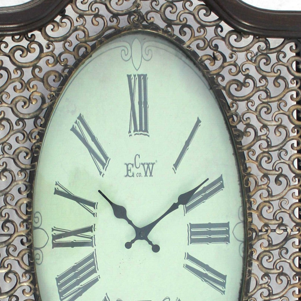 Bronze Finish Wooden Vintage Wall Clock with Roman numerals and scrolling metalwork design, showcasing elegant hour and minute hands.