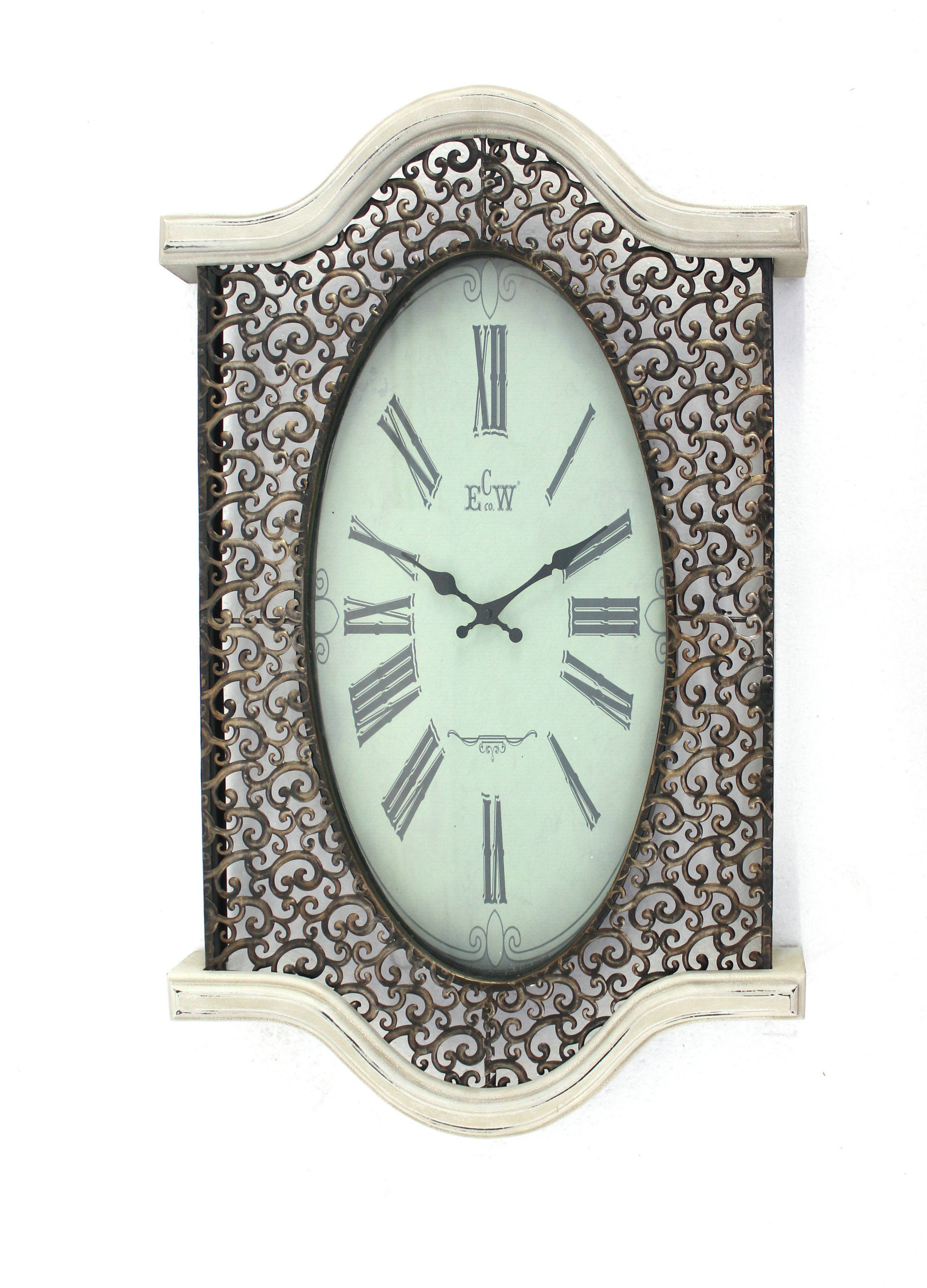 Bronze Finish Wooden Vintage Wall Clock with Roman numerals and scrolling metalwork design, showcasing elegant hour and minute hands.