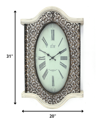 Bronze Finish Wooden Vintage Wall Clock with Roman numerals and scrolling metalwork design, showcasing elegant hour and minute hands.