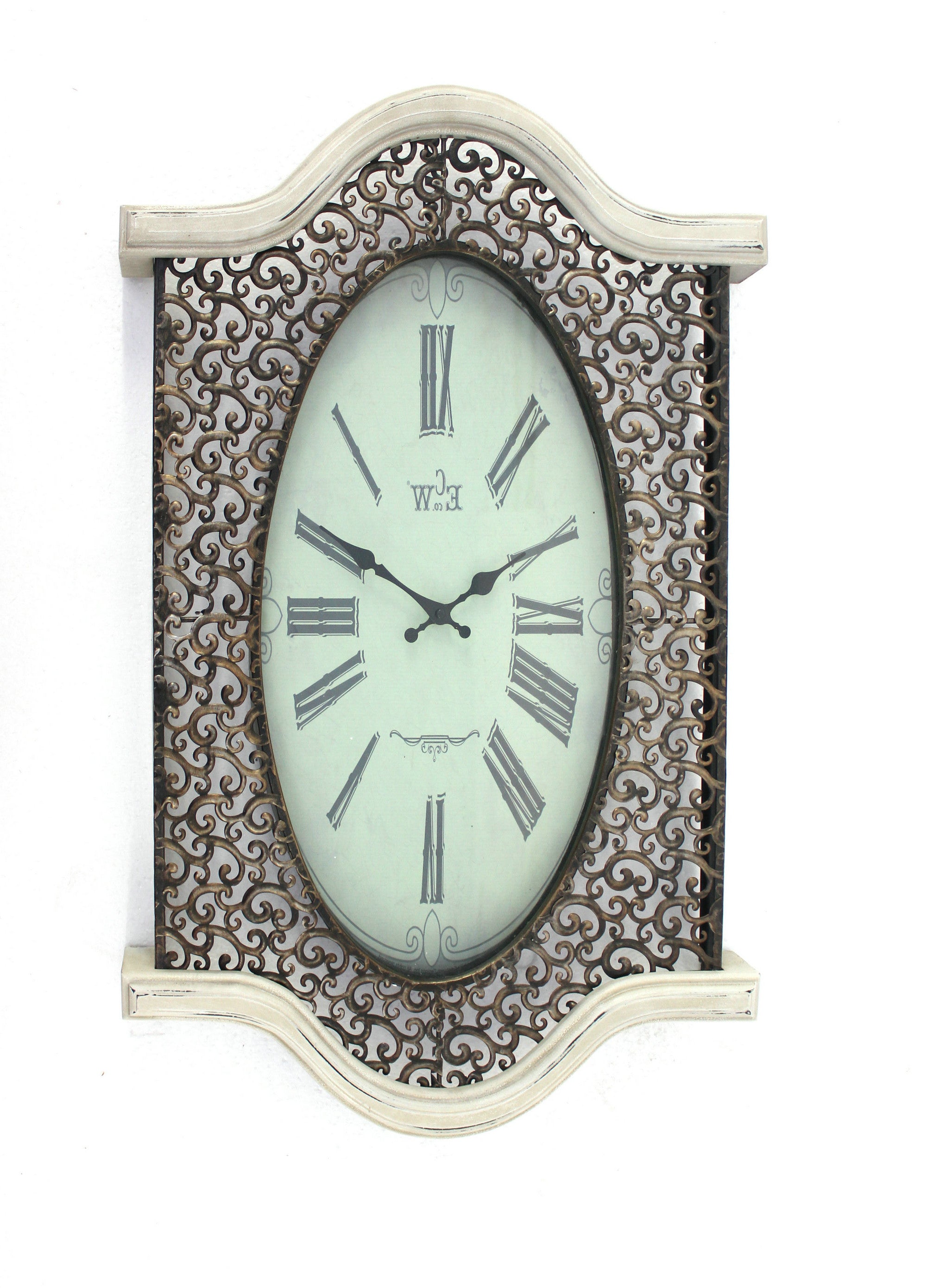 Bronze Finish Wooden Vintage Wall Clock with Roman numerals and scrolling metalwork design, showcasing elegant hour and minute hands.