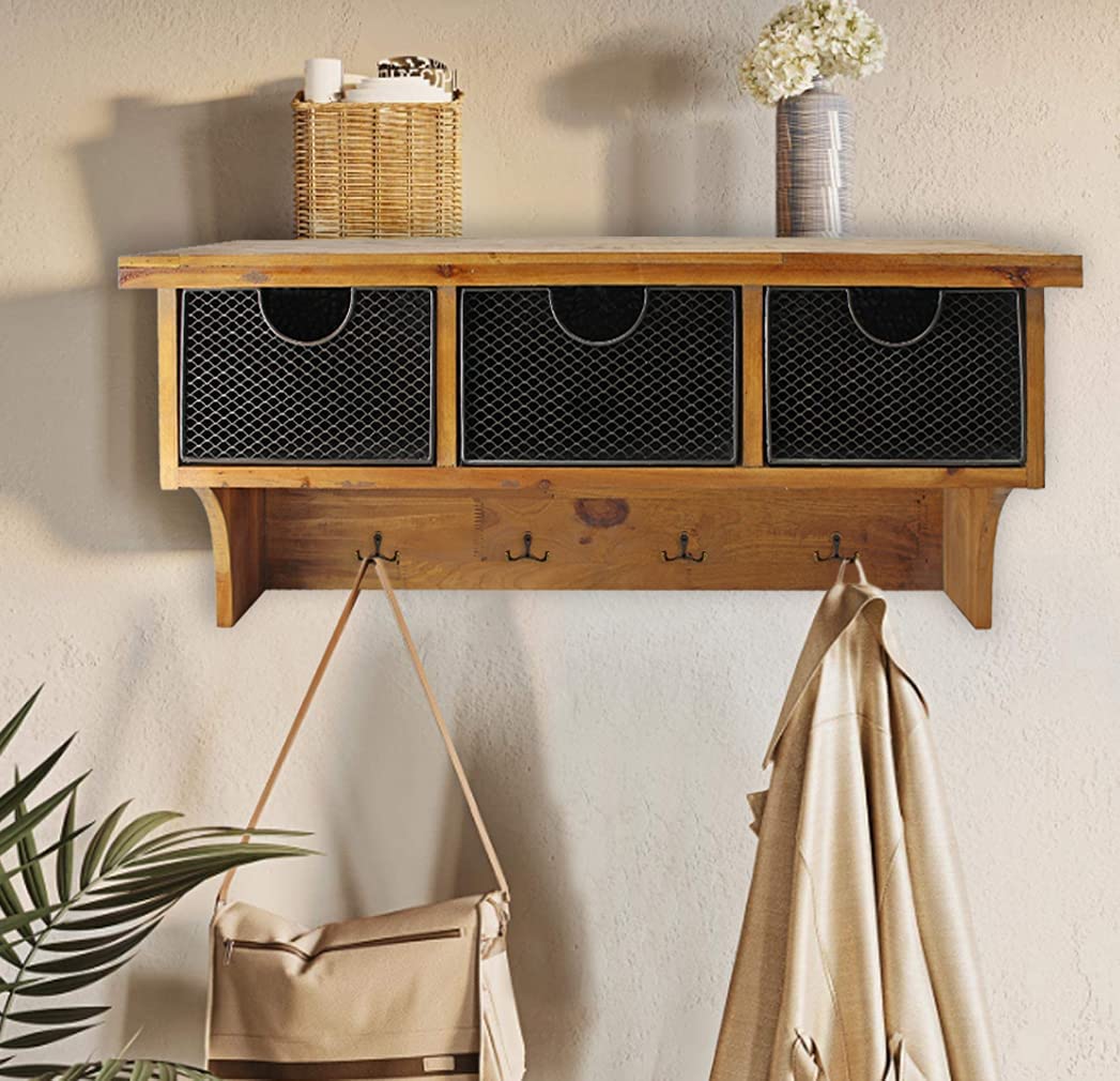 Brown rustic wooden wall shelf featuring three drawers and four metal hooks, showcasing natural wood texture and elegant design.