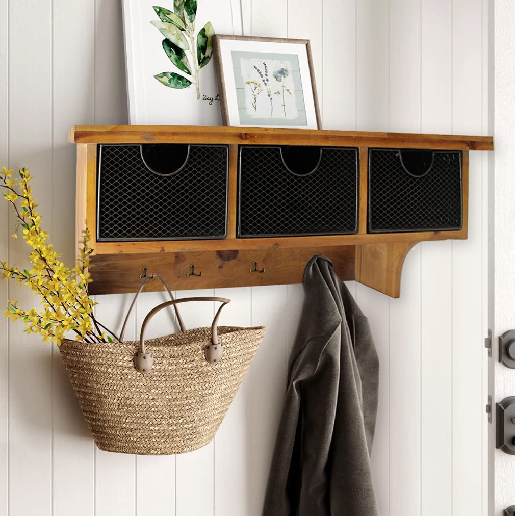 Brown rustic wooden wall shelf featuring three drawers and four metal hooks, showcasing natural wood texture and elegant design.