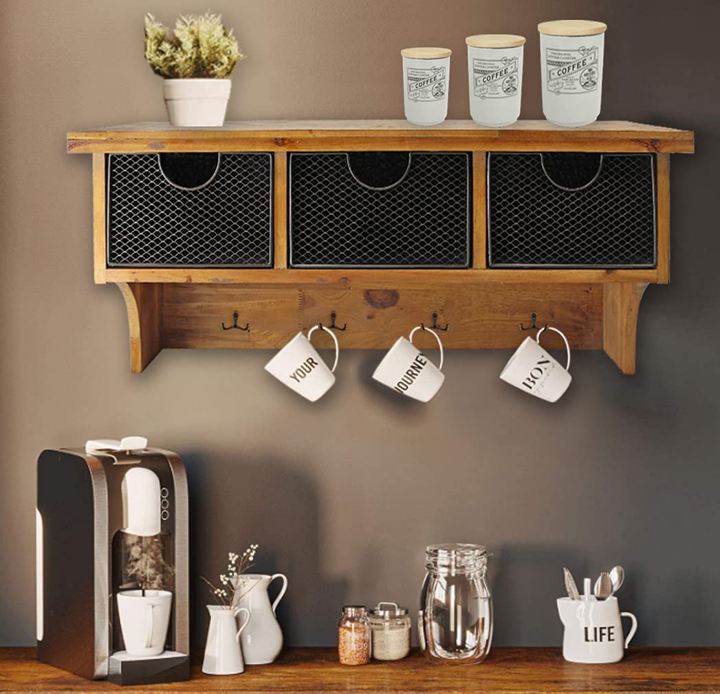 Brown rustic wooden wall shelf featuring three drawers and four metal hooks, showcasing natural wood texture and elegant design.