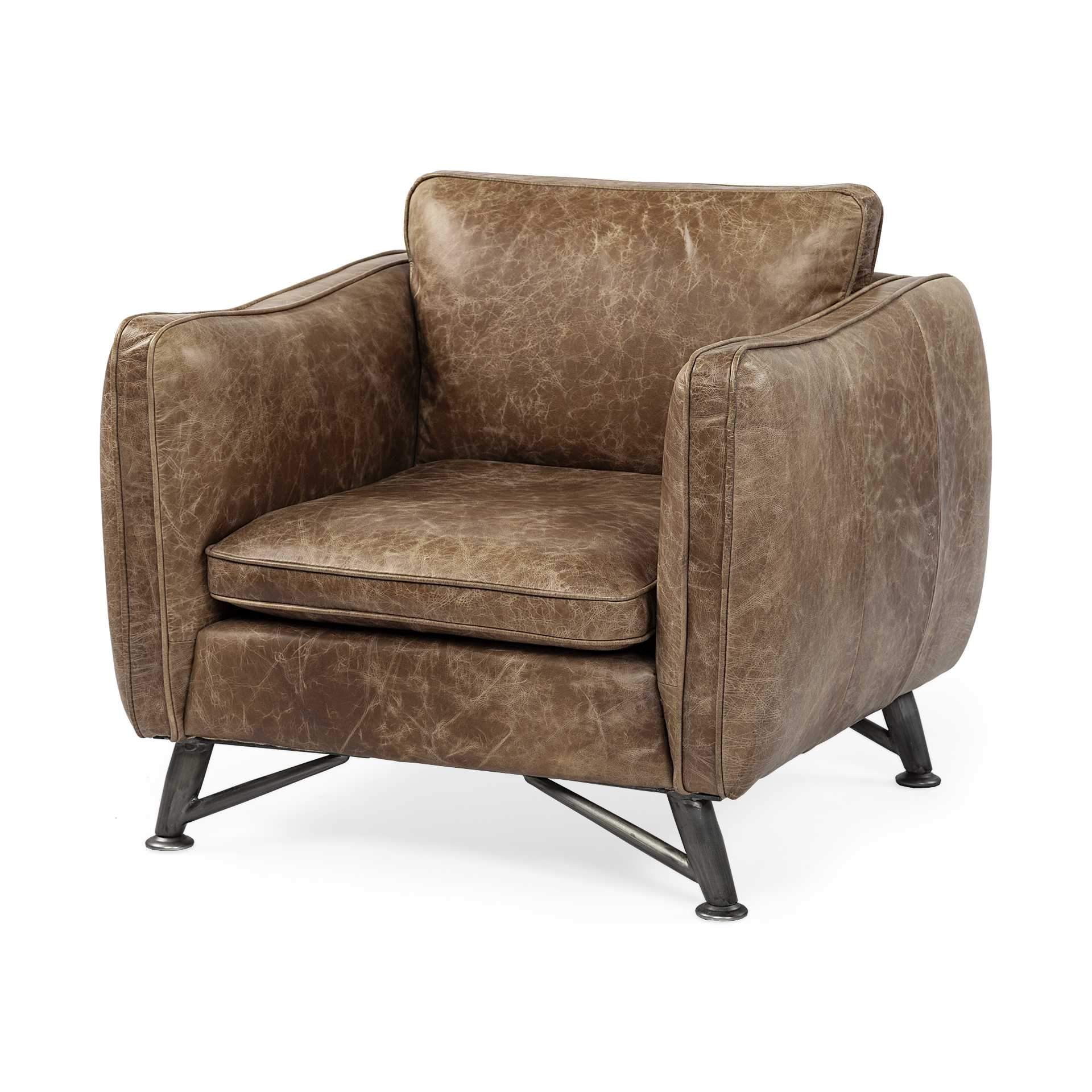 Brown top-grain leather wide accent chair with raised arms and sturdy iron legs, showcasing a luxurious design suitable for any living space.