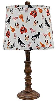 Brown traditional table lamp with a farm animal printed shade, showcasing a charming design and sturdy base.